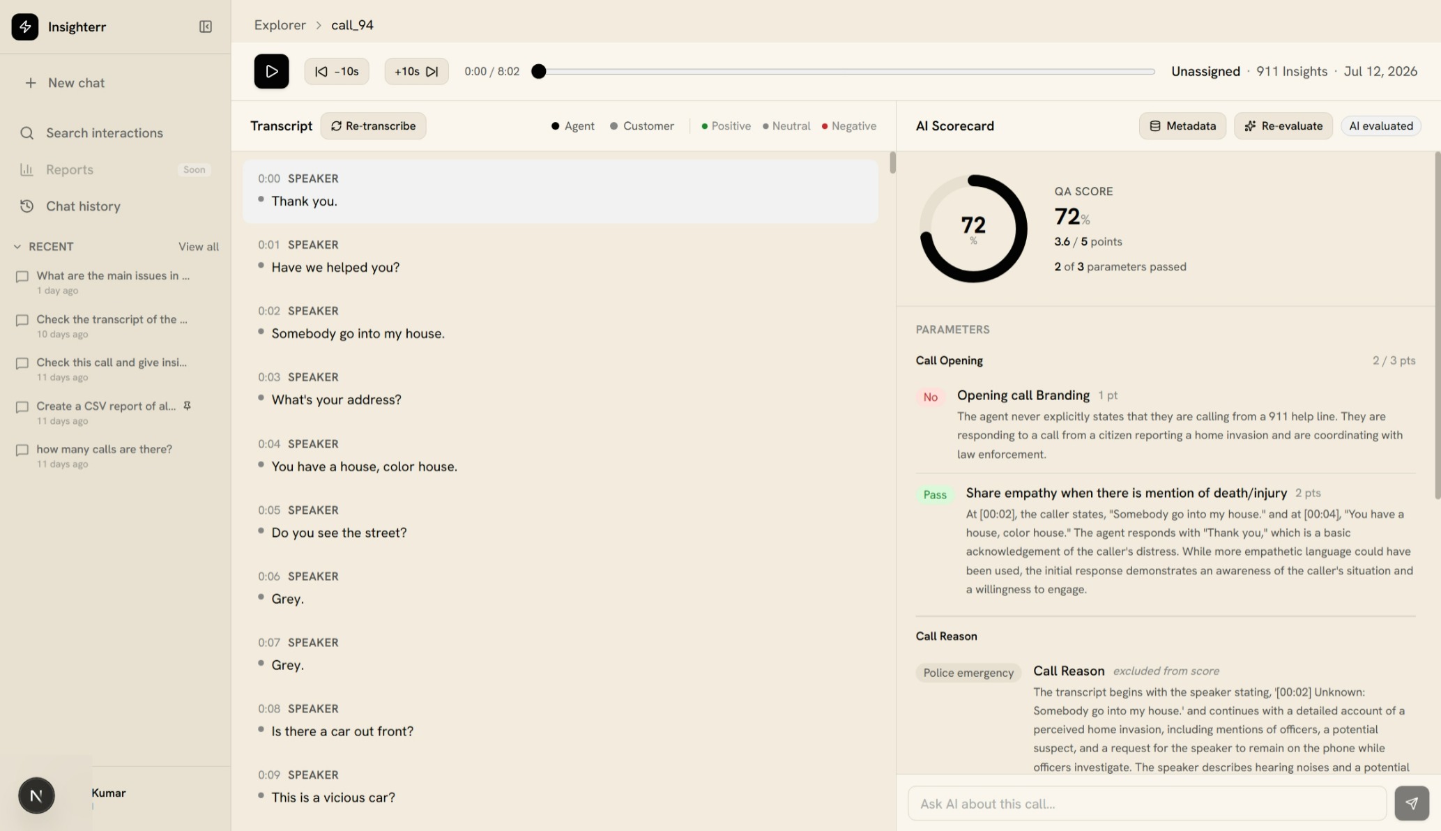 Insighterr call evaluation β AI scorecard with evidence